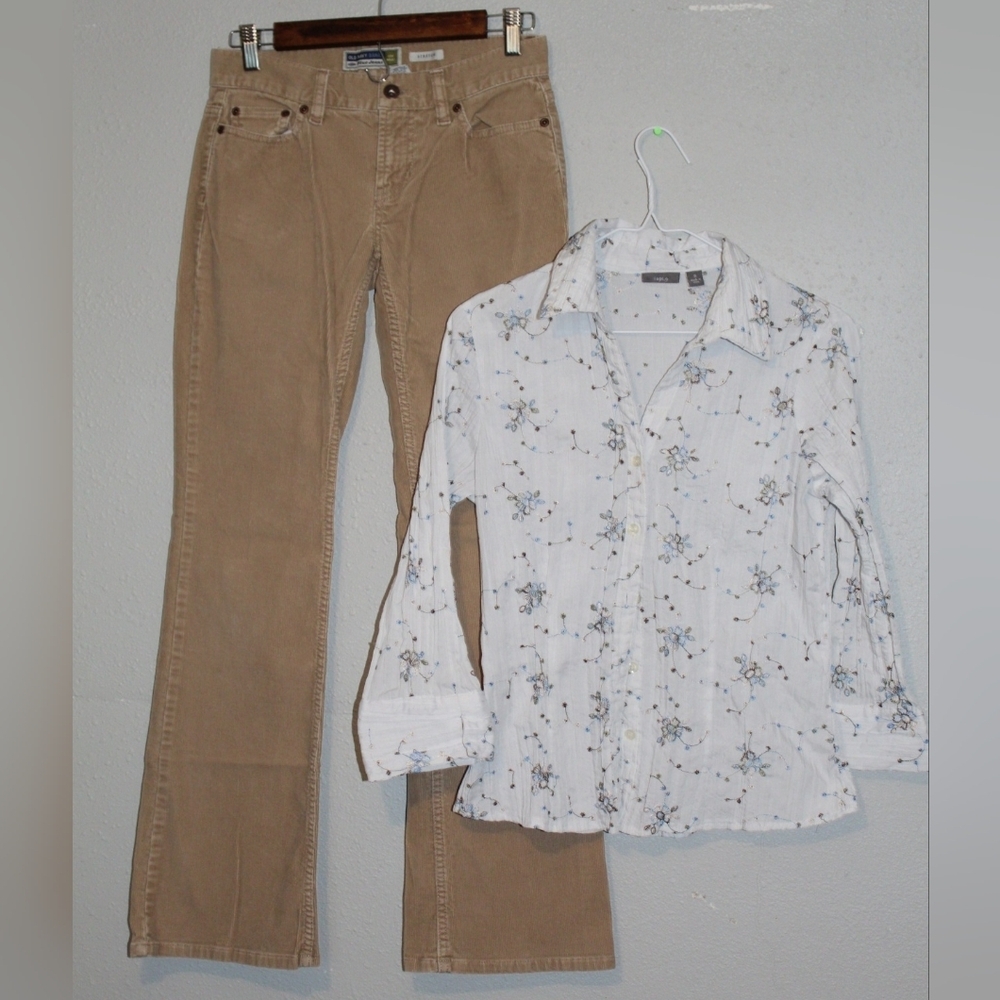 Floral Button-Up Shirt and Tan Corduroy Pants